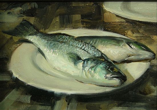 Two Sea Bass on Plate, Oil, 5x7inches